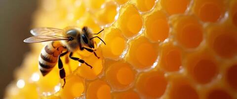 Close-up of a honeybee sitting on a honeycomb frame full of golden honey. Beekeeping products photo