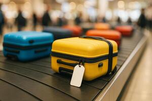 Suitcase with empty baggage tag on conveyor belt in airport terminal. Travel concept. photo