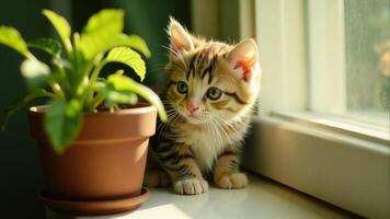 Cute Kitten Near Plant On Window Sill photo