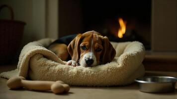 Beagle Puppy Resting Near Fireplace photo