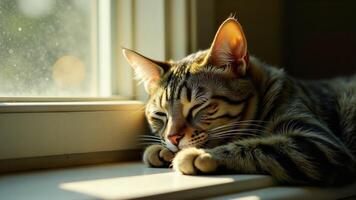 Tabby Cat Sleeping In Window Sunlight photo