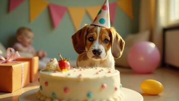 Beagle With Birthday Cake And Hat photo