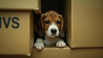 Beagle Puppy Peeking From Cardboard Box photo