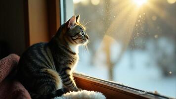 Tabby Cat Watching Winter Sun Through Window photo