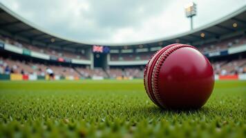 Cricket Ball On Field In Stadium photo
