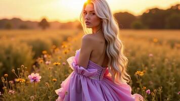 Woman In Gown At Golden Hour Field photo