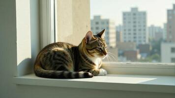 Tabby Cat Lying By City Window photo