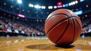 Basketball On Court In Crowded Arena photo