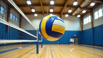 Volleyball Flying Over Net In Gymnasium photo