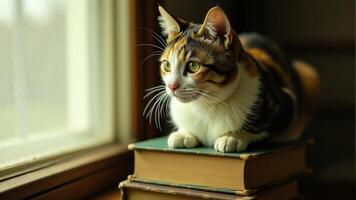 Calico Cat Sitting On Books By Window photo