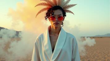 Woman With Palm Fronds In Desert photo