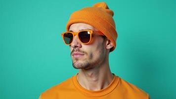 Man In Orange Hat And Sunglasses photo