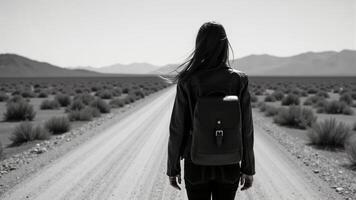 Woman Walking Desert Road, Black And White photo
