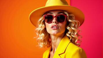 Woman In Yellow Fashion Against Colorful Backdrop photo