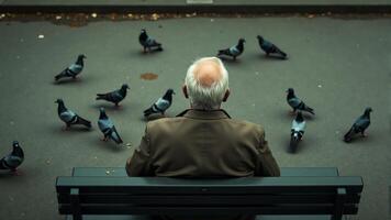 Senior Man Surrounded By Pigeons In Park photo