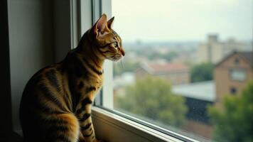 Bengal Cat Looking Out Window- Cityscape photo