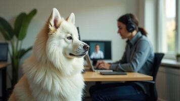 Dog With Woman Working From Home photo