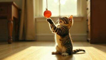 Cute Kitten Playing With A Red Ball photo