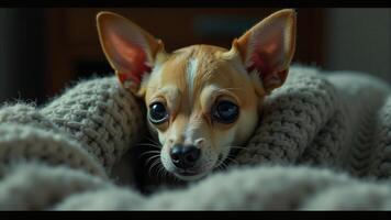 Chihuahua Wrapped In A Cozy Blanket photo