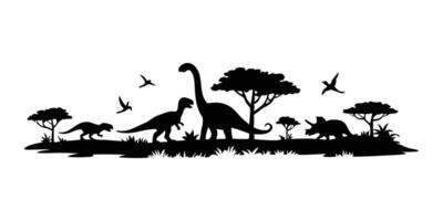 Black and white dinosaur scene featuring triceratops sauropods trees and pterosaurs in a natural setting vector