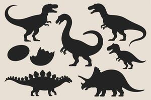 black dinosaur silhouettes with eggs showing various species in simple bold prehistoric style design vector