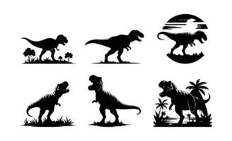 Silhouetted T rex figures in different environments including sunset jungle and grassland with strong forms vector