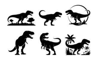 six T rex dinosaur silhouettes in various poses with trees grass and scenery in black and white style vector