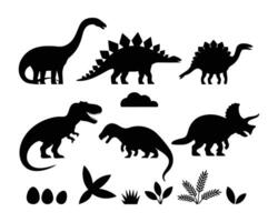 Collection of dinosaur silhouettes with trees eggs and cloud showing prehistoric life in simple black style vector