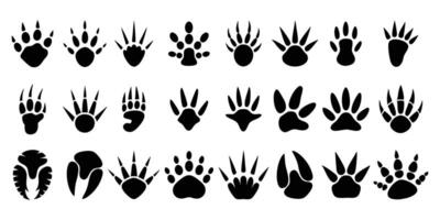 High contrast animal paw and footprint illustrations arranged in a horizontal sequence for identification vector