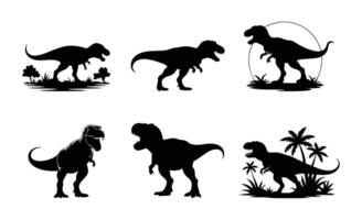 Set of six T rex dinosaur silhouettes in various poses with trees grass and scenery in black and white style vector
