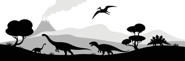 Black and white dinosaur scene with erupting volcano trees hills and flying pterosaurs in prehistoric times vector