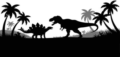 Silhouette of two dinosaurs facing off in a jungle scene with palm trees and prehistoric landscape in black vector