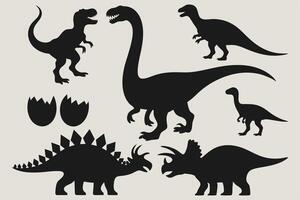 Set of black dinosaur silhouettes with eggs showing various species in simple bold prehistoric style design vector