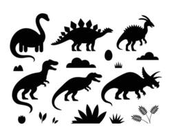 Black dinosaur silhouette set with prehistoric plants eggs and various species in a clean flat graphic design vector