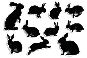 Set of Black Rabbit Silhouettes Displaying Multiple Poses and Movements Such as Hopping and Sitting vector