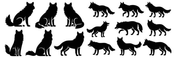 Black Silhouettes of Wolves in Different Poses, Featuring Sitting, Running, and Walking Wolves vector