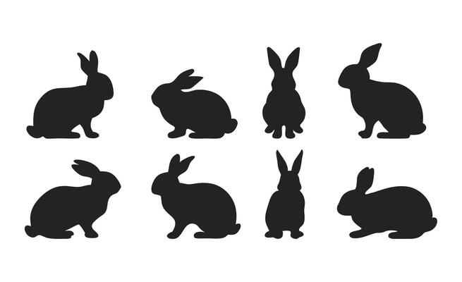 Black Silhouettes of Rabbits in Various Poses Showing Different Angles and Sitting Stances