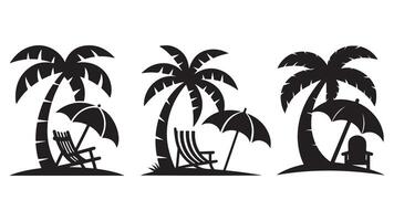 Set of black silhouettes of topical beach with palm tree, set of palms with beach chair vector