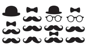 set of Hat, Glasses, Mustache and Bow Tie black and white silhouette on white background. Father's day icon set vector