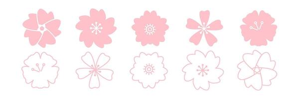 Fruit tree flowers. Sakura in bloom. Flat and line icon set vector
