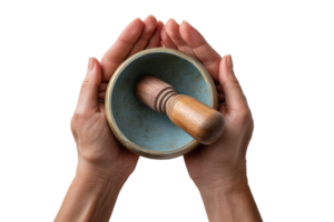 Sacred Sound in Gentle Hands Singing Bowl and Wooden Mallet Held with Reverence png