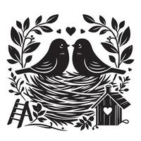 Two birds in a nest with a house and a heart vector