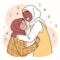 Two muslim women hugging each other, one is wearing a hijab and the other is wearing a vector