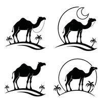 Collection of Four Camel Silhouettes in Desert Landscape with Palm Trees and Moon vector