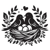 Two birds in a nest with eggs and hearts vector