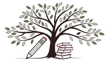 Tree of knowledge illustration with books and pencil for education and learning concepts design art 100 vector