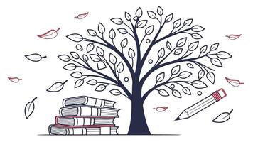 Illustration of tree of knowledge with books and pencil for education and learning concepts vector