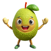 3D Cartoon jackfruit Character with smiling Expression, Funny Animated Style Isolated on Transparent Background png