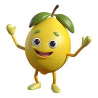 3D Cartoon lemon Character with smiling Expression, Funny Animated Style Isolated on Transparent Background png