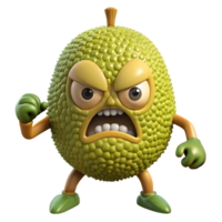 3D Cartoon Jackfruit Character with Angry Expression, Funny Animated Style Isolated on Transparent Background png